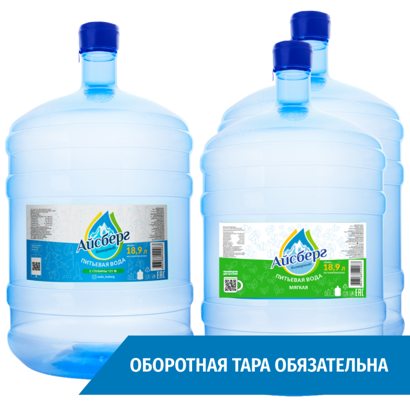 Набор воды «Айсберг 1+2» (1 баллон воды 18,9л питьевая Айсберг + 2 баллона воды 18,9л для чая и кофе Мягкая Айсберг)