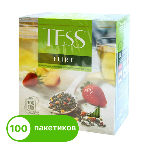 Чай Tess FLIRT зеленый с земляникой  и кусочками белого персика 100пак.