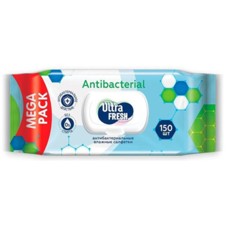 Салфетки влажные Ultra Fresh Antibacterial, с клапаном, 150шт