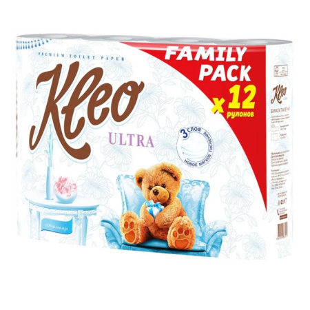 Туалетная бумага "Kleo ", Ultra белая 3 слойная 12 рулонов